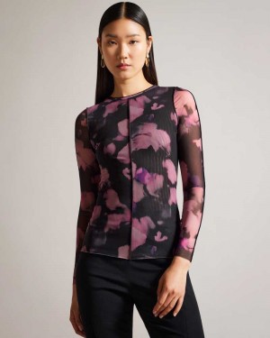 Black Ted Baker Aleeina Long Sleeve Abstract Print Mesh Top | ZA0001429