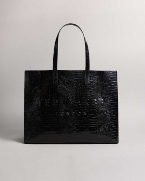 Black Ted Baker Allicon Mock Croc Icon Tote Bag | ZA0000467