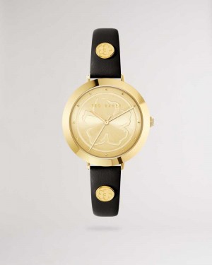 Black Ted Baker Amieyy Magnolia Detail Leather Watch | ZA0002187