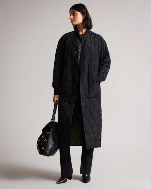 Black Ted Baker Avverii Long Quilted Coat | ZA0000579