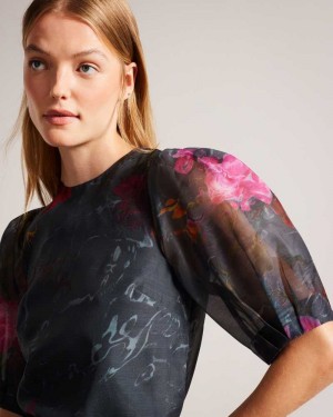 Black Ted Baker Ayymee Boxy Cropped Top with Puff Sleeve | ZA0001345