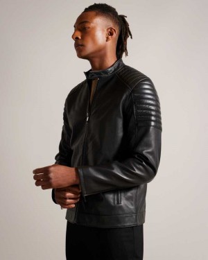 Black Ted Baker Branddo Leather Racer Jacket | ZA0000603