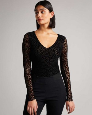 Black Ted Baker Darcina Mesh Leopard Print Bodysuit | ZA0001346