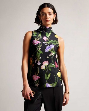 Black Ted Baker Demitri Floral Cowl Neck Top | ZA0001428