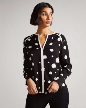 Black Ted Baker Dulani Spot Print Top With Contrast Binding | ZA0001331