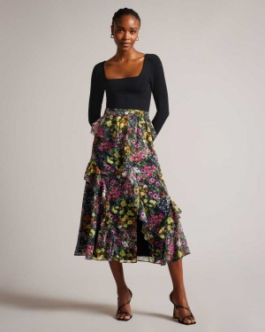 Black Ted Baker Emerela Square Neck Fitted Knit Bodice Dress | ZA0000215