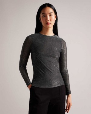 Black Ted Baker Genini Glitsy Long Sleeve Top | ZA0001295