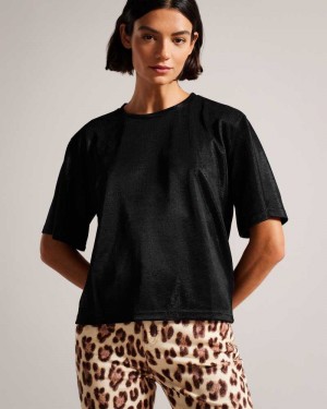 Black Ted Baker Georia Metallic Oversized T-Shirt | ZA0001263