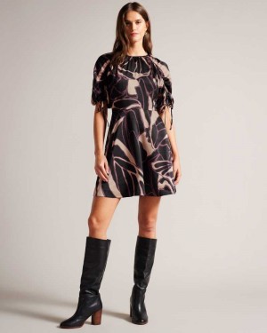 Black Ted Baker Gilliaa Abstract Print Mini Dress | ZA0000177