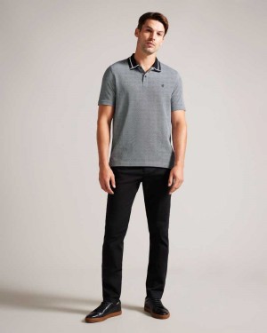 Black Ted Baker Ginald Short Sleeve Herringbone Stitch Zip Polo | ZA0000897