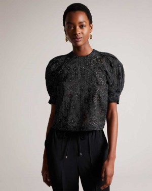 Black Ted Baker Ingriid Boxy Puffed Sleeve Top | ZA0001326