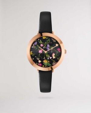 Black Ted Baker Isidoro Floral Print Watch With Leather Strap | ZA0002198