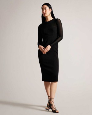 Black Ted Baker Ivylou Bodycon Midi Dress With Sheer Sleeves | ZA0000273