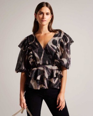 Black Ted Baker Jasmyna Ruffle V-Neck Top With Tie Waist | ZA0001301