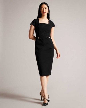 Black Ted Baker Josiaad Square Neck Military Midi Dress | ZA0000146