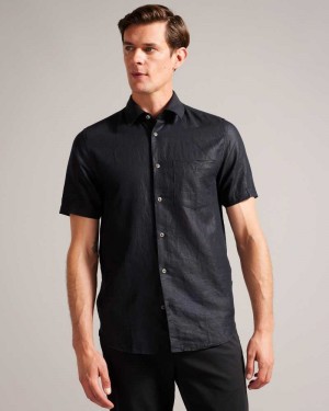 Black Ted Baker Kingfrd Short Sleeve Linen Shirt | ZA0000959