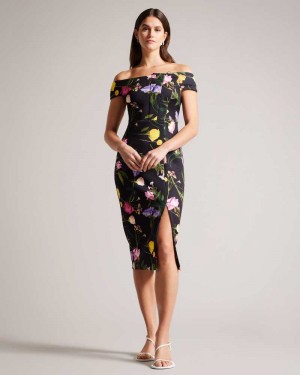 Black Ted Baker Loveina Floral Bardot Bodycon Dress | ZA0000222