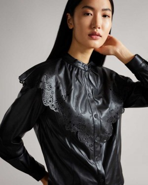 Black Ted Baker Maisson Perforated Pleather Top With Collar | ZA0001381