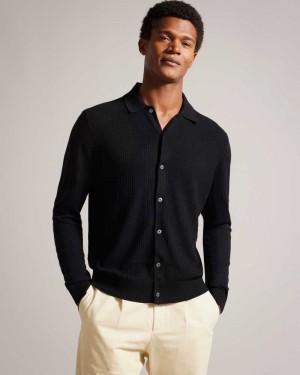 Black Ted Baker Oidar Long Sleeve Textured Shirt | ZA0000744