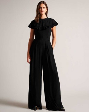 Black Ted Baker Olivvee Cape Jumpsuit With Ladder Lace Detail | ZA0001451