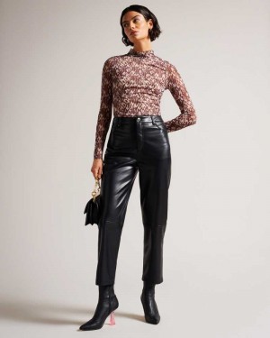 Black Ted Baker Plaider Straight Leg Faux Leather Trousers | ZA0001458