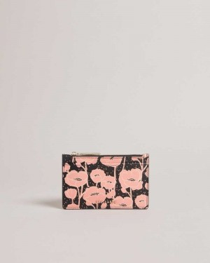 Black Ted Baker Poppsi Floral Printed Zip Card Holder | ZA0000356