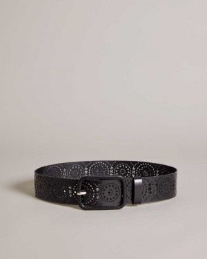 Black Ted Baker Prelt Laser Cut Wide Leather Belt | ZA0001793