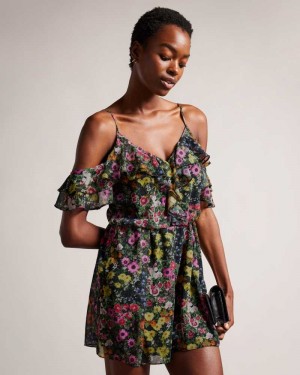 Black Ted Baker Priyahh Off the Shoulder Ruffle Playsuit | ZA0000261