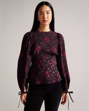 Black Ted Baker Terre Printed Peplum Top With Cuffed Sleeves | ZA0001319