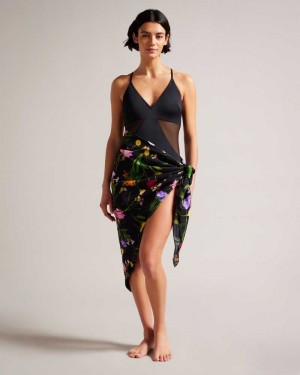 Black Ted Baker Wendyyy Floral Print Beach Sarong | ZA0001220