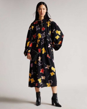 Black Ted Baker Yviee New World Oversized Midi Dress With Ruffles | ZA0000193