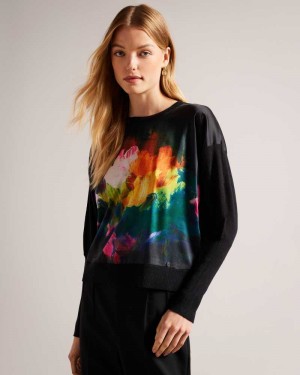 Black Ted Baker Zarha Art Print Jumper With Sleeve Detail | ZA0000736