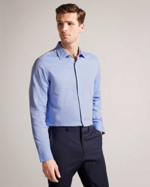 Blue Ted Baker Textls Textured Long Sleeve Cotton Shirt | ZA0001013