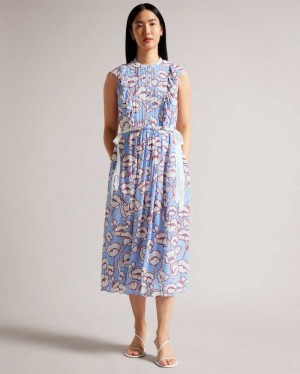 Blue Ted Baker Tindraa Sleeveless Frilled Midi Dress | ZA0000135