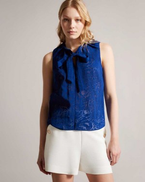 Bright Blue Ted Baker Adelaai Devoré Floral Top With Neck Tie | ZA0001352