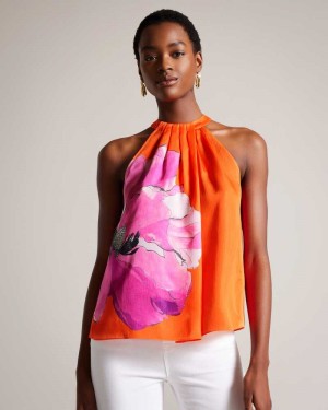 Bright Orange Ted Baker Milenaa Pleated Floral Halter Neck Top | ZA0001299