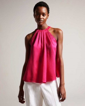 Bright Pink Ted Baker Corrali Pleated Satin Halter Neck Top | ZA0001399