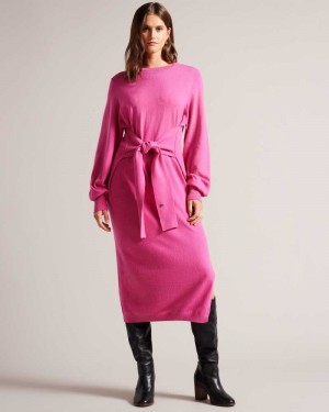 Bright Pink Ted Baker Essya Slouchy Tie Front Midi Knit Dress | ZA0000169