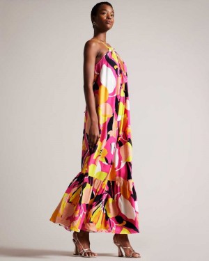 Bright Pink Ted Baker Ikella Abstract Print Pleated Halter Maxi Dress | ZA0000147