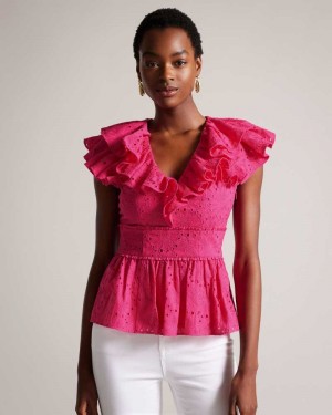 Bright Pink Ted Baker Mazieh Broderie Peplum Top | ZA0001304