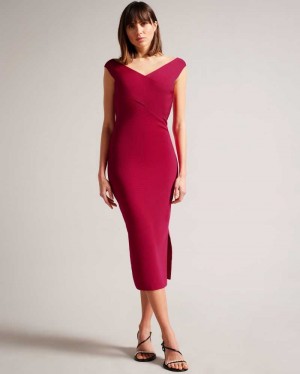 Bright Pink Ted Baker Mikella Crossover Knit Midi Bodycon | ZA0000192