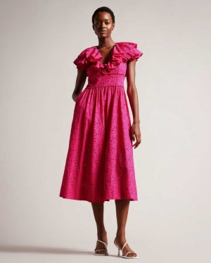 Bright Pink Ted Baker Mirza Ruffled V Neck Midi Sundress | ZA0000123