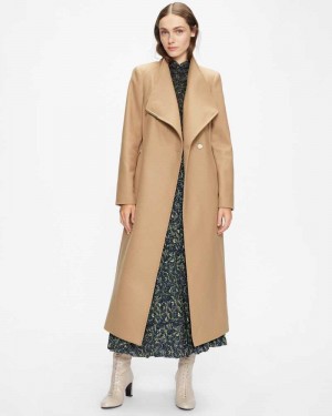 Camel Ted Baker Rosell Long Length Wool Wrap Coat | ZA0000582