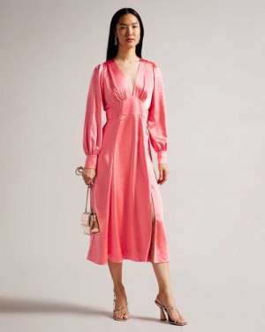 Coral Ted Baker Daniia Satin Midi Dress With Blouson Sleeve | ZA0000196