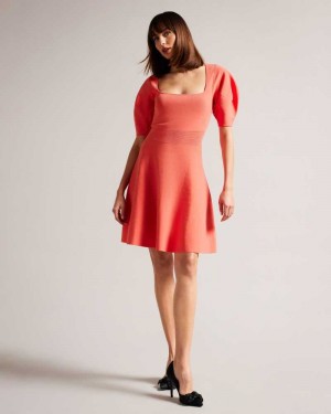 Coral Ted Baker Hayliy Puff Sleeve Skater Dress | ZA0000138