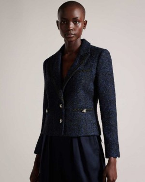 Dark Blue Ted Baker Alenaah Boucle Blazer With Embellished Detail | ZA0001160