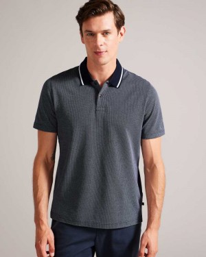 Dark Blue Ted Baker Arts Mini Jacquard Stitch Polo Shirt | ZA0000898