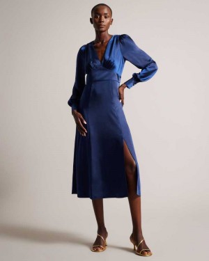 Dark Blue Ted Baker Daniia Satin Midi Dress With Blouson Sleeve | ZA0000263