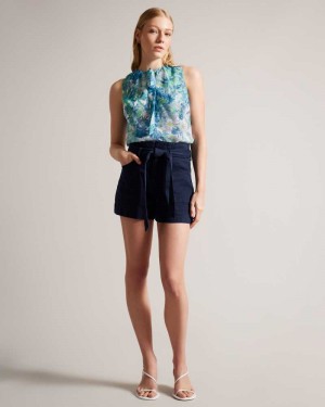 Dark Blue Ted Baker Danikii Self Tie High Waist Denim Shorts | ZA0001053