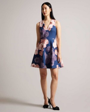 Dark Blue Ted Baker Emleey V-Neck Printed Skater Dress | ZA0000223